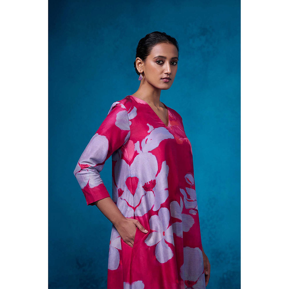 Dressfolk Pink Floral Chanderi Fabric Kurta with Pant (Set of 2)