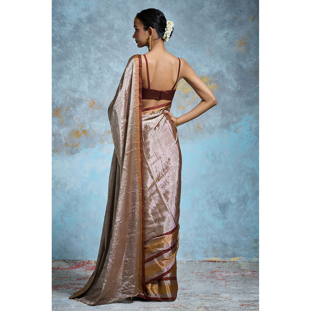 Dressfolk Handloom Taupe Tissue Maroon Border Saree with Unstitched Blouse