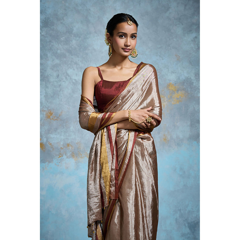 Dressfolk Handloom Taupe Tissue Maroon Border Saree with Unstitched Blouse