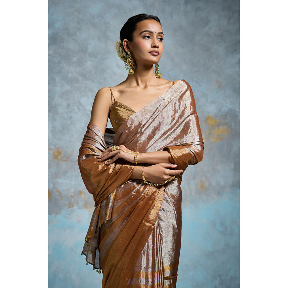 Dressfolk Handloom Taupe Tissue Saree with Unstitched Blouse