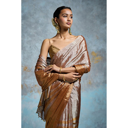 Dressfolk Handloom Taupe Tissue Saree with Unstitched Blouse