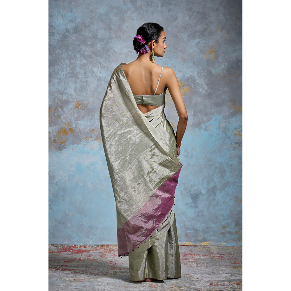 Dressfolk Handloom Sage Green Tissue Saree with Unstitched Blouse
