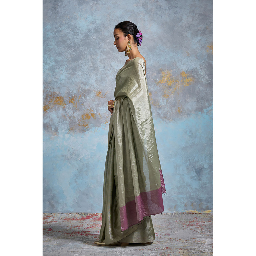 Dressfolk Handloom Sage Green Tissue Saree with Unstitched Blouse