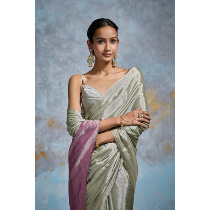 Dressfolk Handloom Sage Green Tissue Saree with Unstitched Blouse