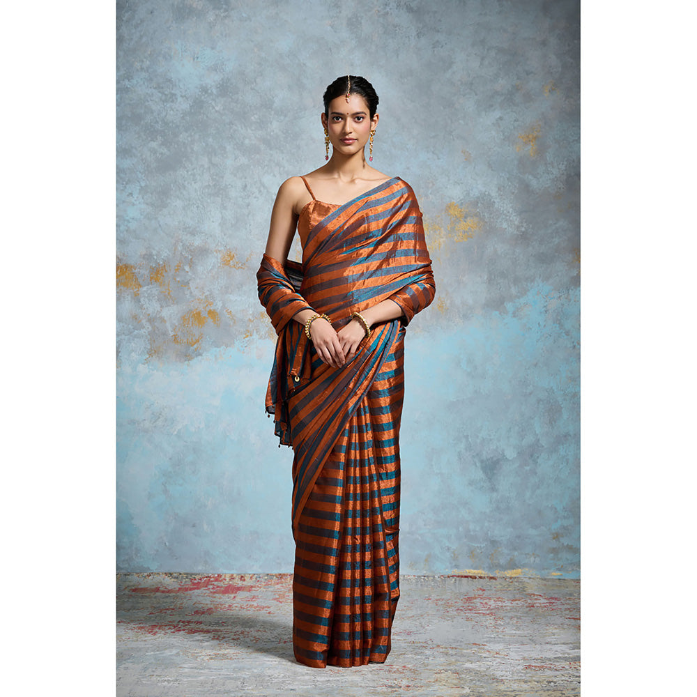 Dressfolk Handloom Peacock Copper Tissue Saree with Unstitched Blouse