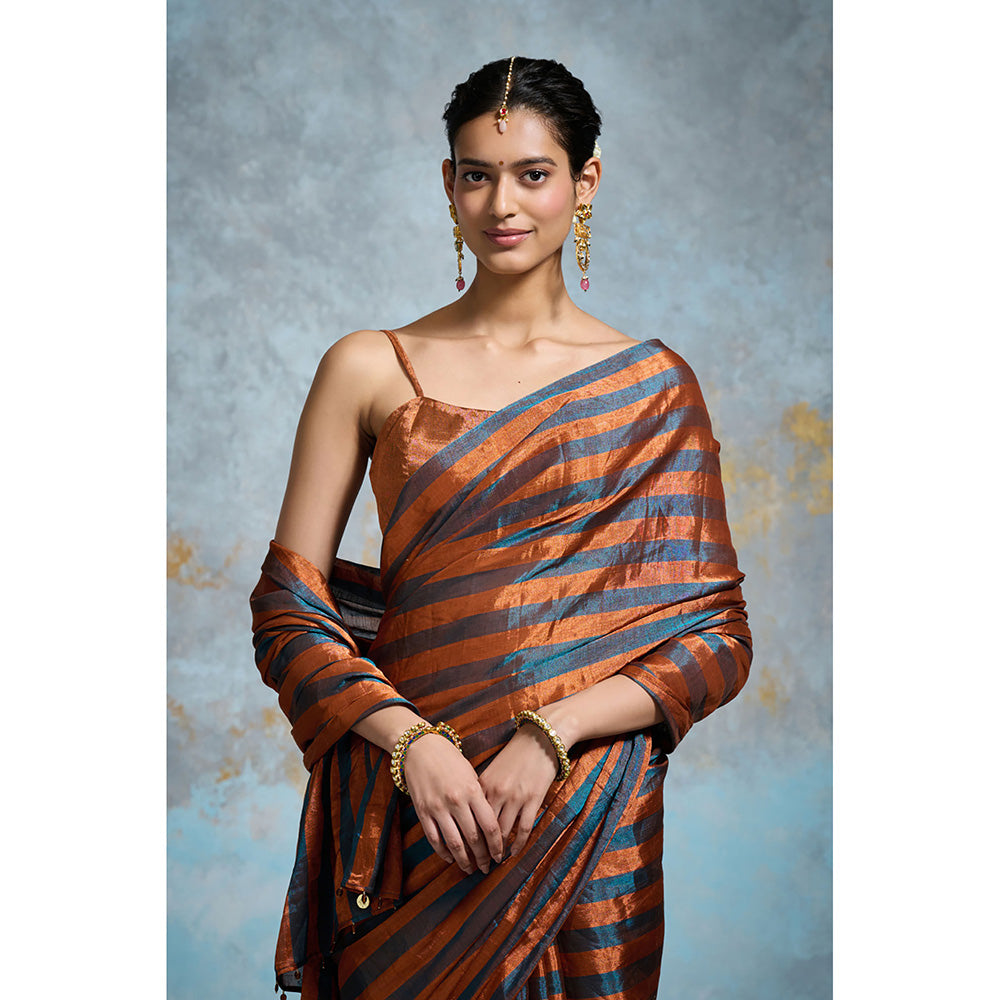 Dressfolk Handloom Peacock Copper Tissue Saree with Unstitched Blouse