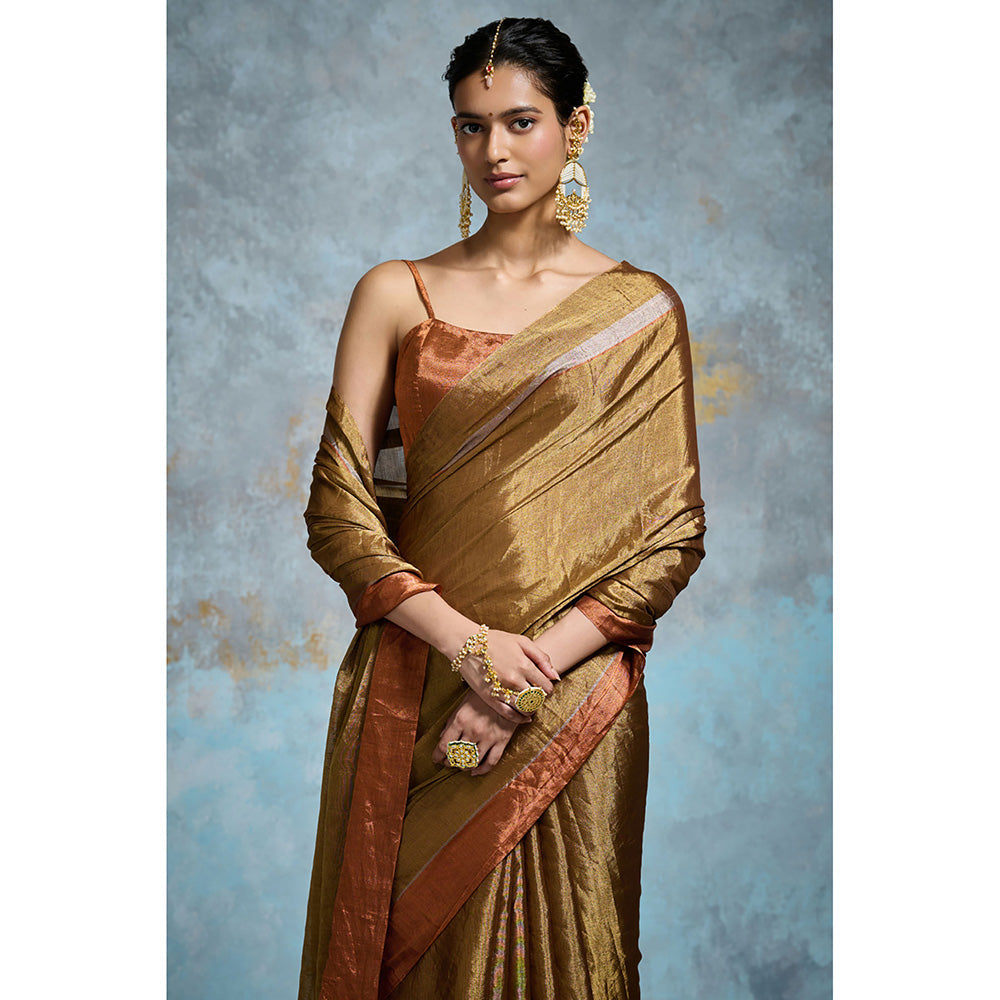 Dressfolk Handloom Orange Tissue Saree with Unstitched Blouse