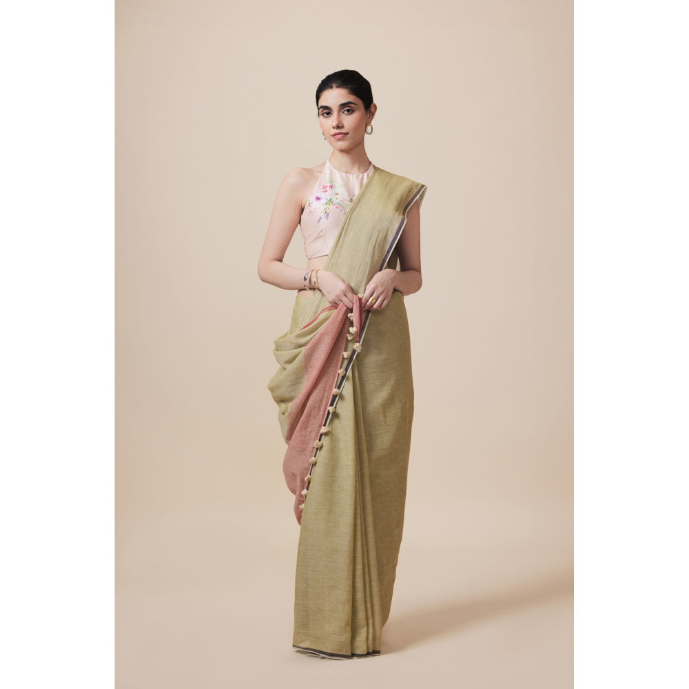 Dressfolk Handwoven Pure Cotton Olive Saree With Unstitched Blouse