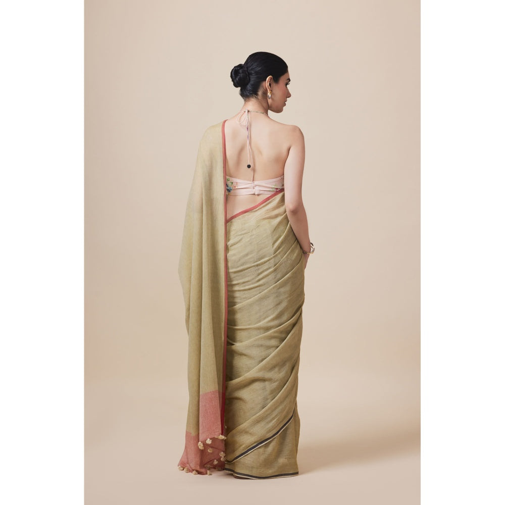 Dressfolk Handwoven Pure Cotton Olive Saree With Unstitched Blouse
