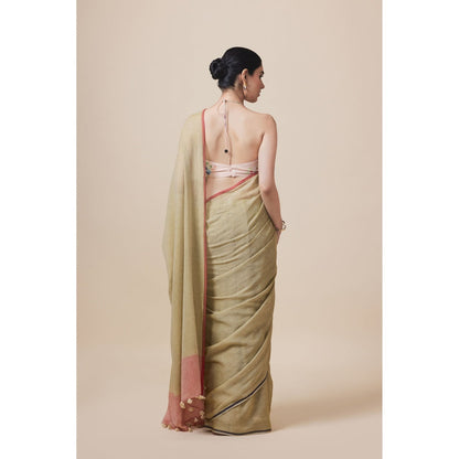 Dressfolk Handwoven Pure Cotton Olive Saree With Unstitched Blouse