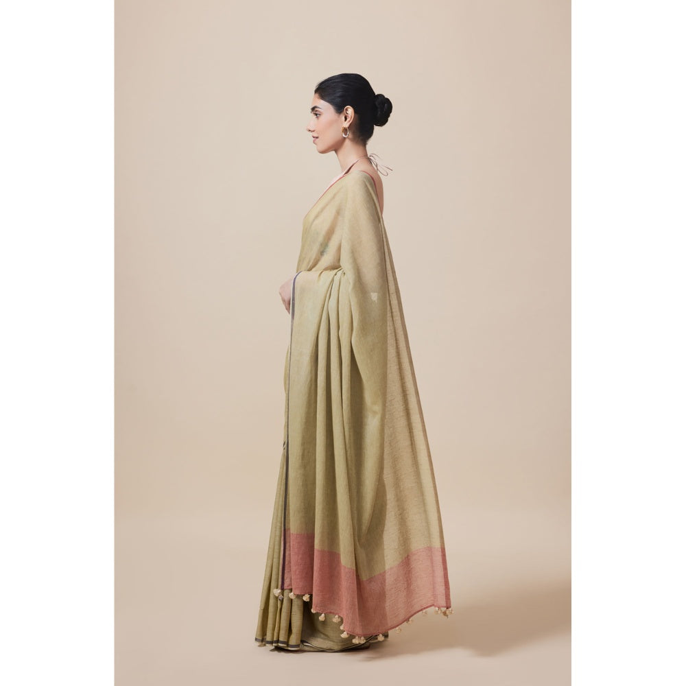 Dressfolk Handwoven Pure Cotton Olive Saree With Unstitched Blouse