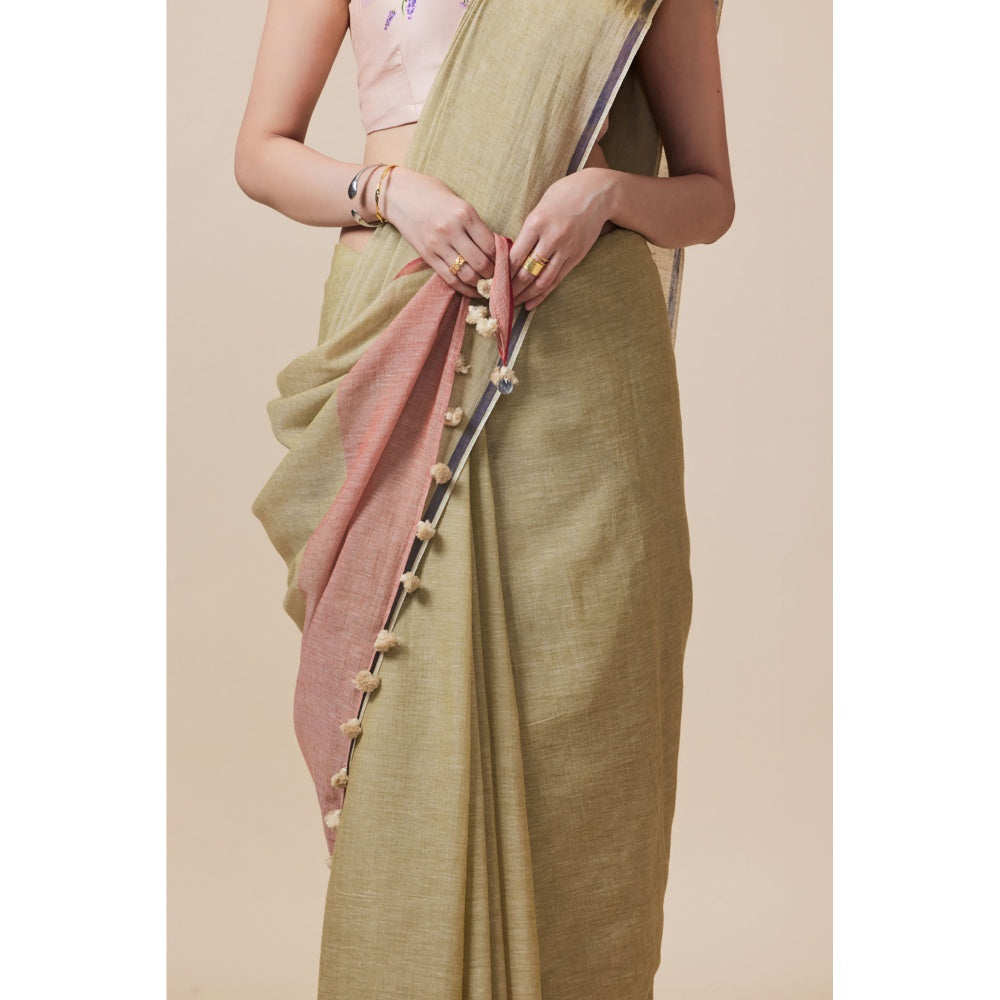 Dressfolk Handwoven Pure Cotton Olive Saree With Unstitched Blouse
