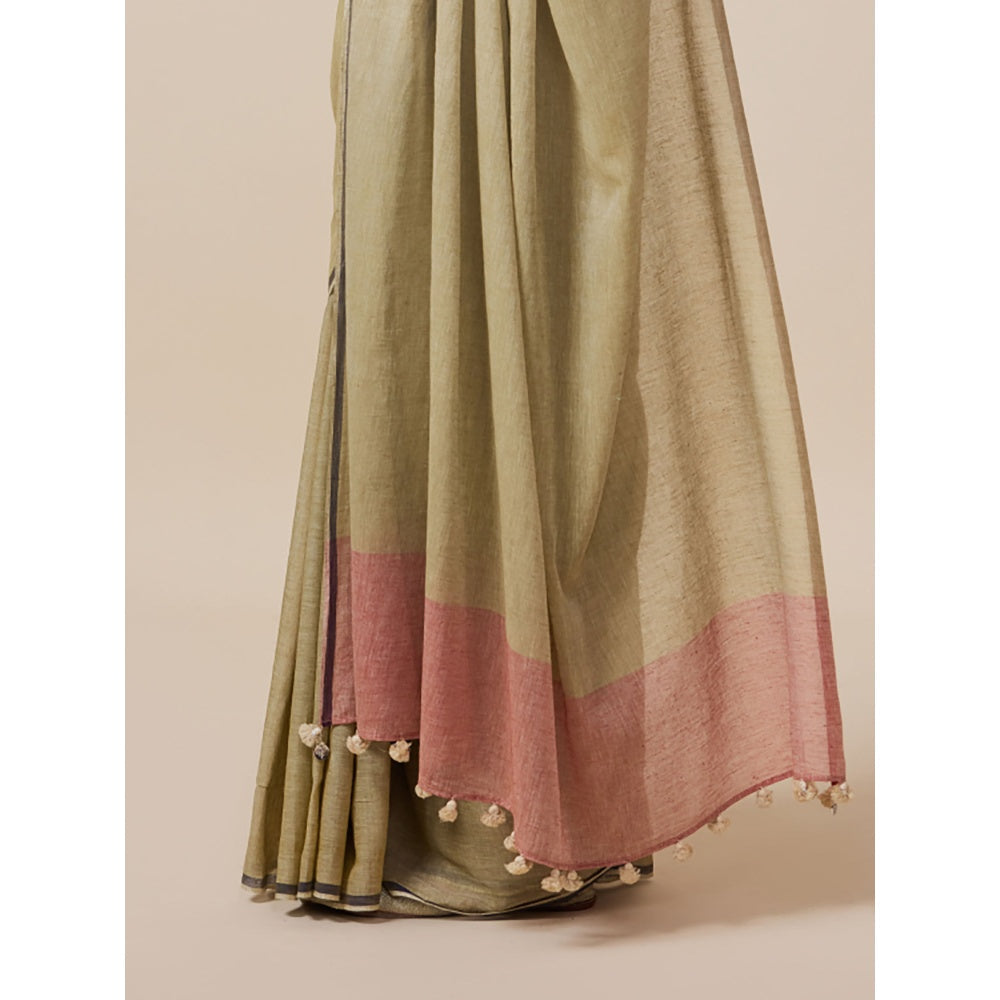 Dressfolk Handwoven Pure Cotton Olive Saree With Unstitched Blouse