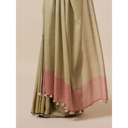 Dressfolk Handwoven Pure Cotton Olive Saree With Unstitched Blouse