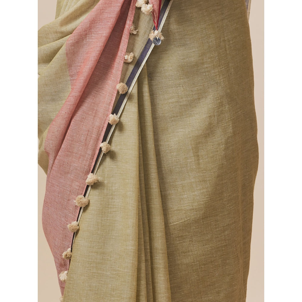 Dressfolk Handwoven Pure Cotton Olive Saree With Unstitched Blouse