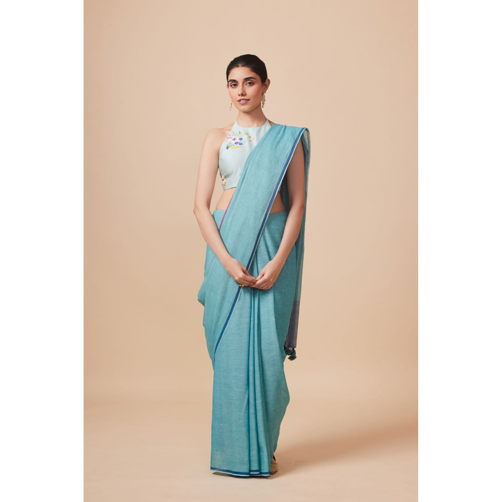 Dressfolk Handwoven Pure Cotton Aqua Blue Saree With Unstitched Blouse