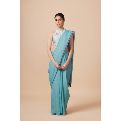 Dressfolk Handwoven Pure Cotton Aqua Blue Saree With Unstitched Blouse