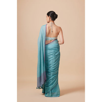 Dressfolk Handwoven Pure Cotton Aqua Blue Saree With Unstitched Blouse