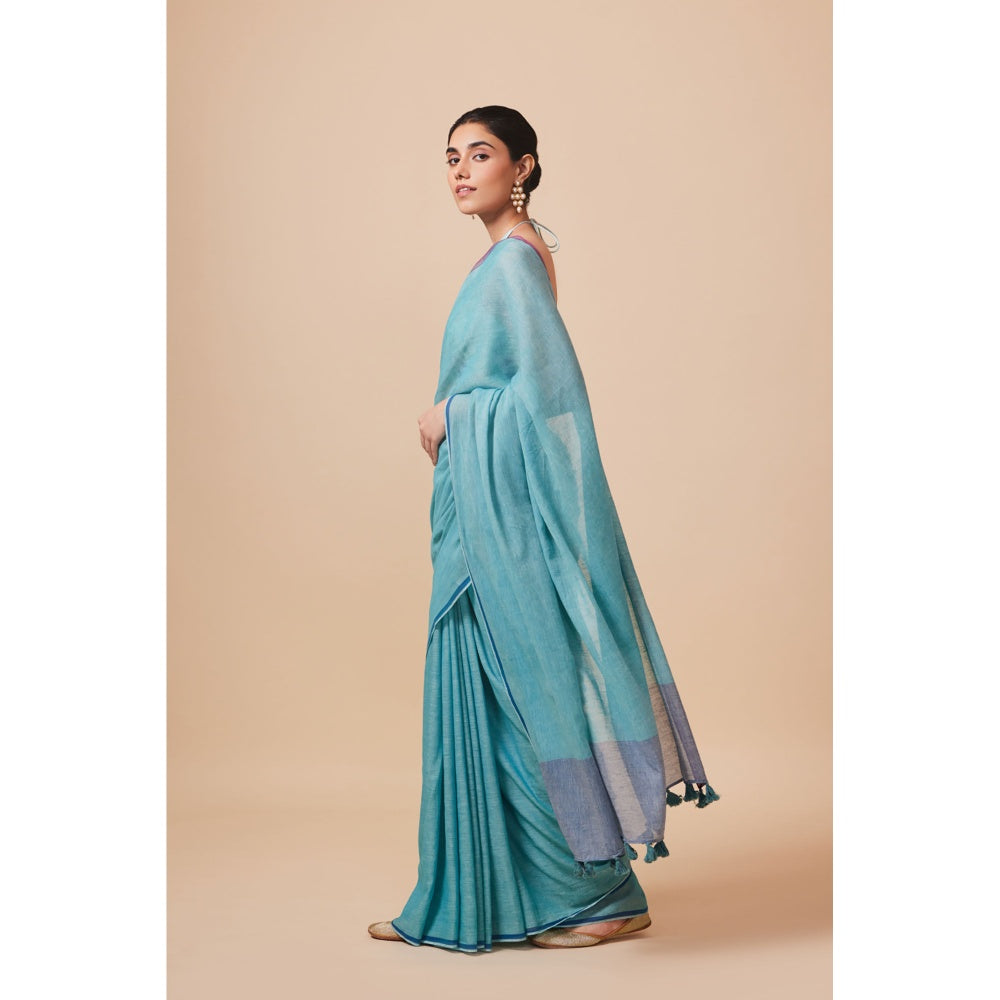 Dressfolk Handwoven Pure Cotton Aqua Blue Saree With Unstitched Blouse
