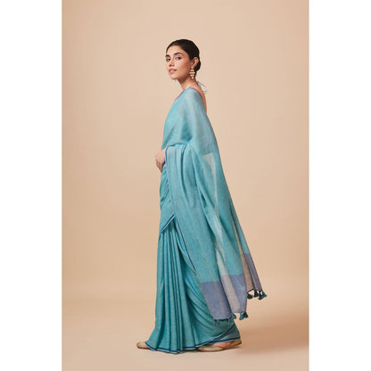 Dressfolk Handwoven Pure Cotton Aqua Blue Saree With Unstitched Blouse