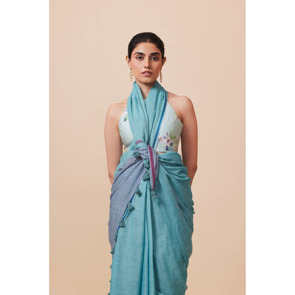 Dressfolk Handwoven Pure Cotton Aqua Blue Saree With Unstitched Blouse