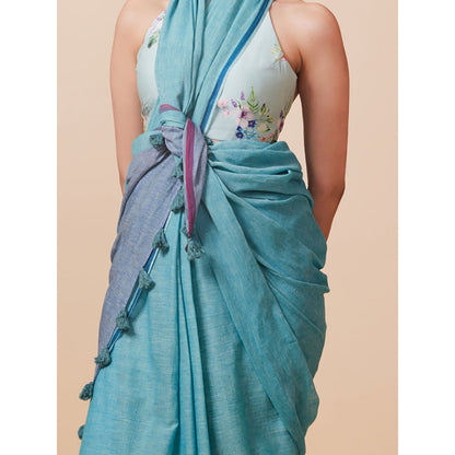 Dressfolk Handwoven Pure Cotton Aqua Blue Saree With Unstitched Blouse
