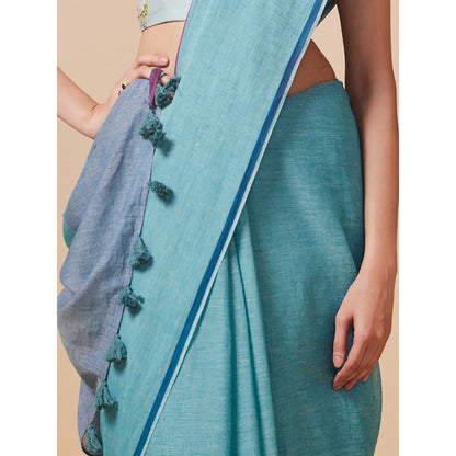 Dressfolk Handwoven Pure Cotton Aqua Blue Saree With Unstitched Blouse
