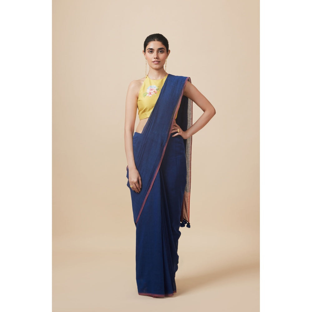 Dressfolk Handwoven Pure Cotton Navy Blue Saree With Unstitched Blouse