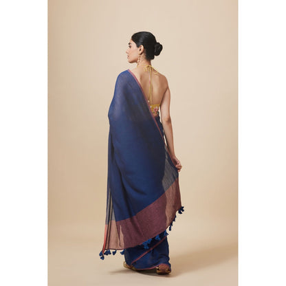 Dressfolk Handwoven Pure Cotton Navy Blue Saree With Unstitched Blouse