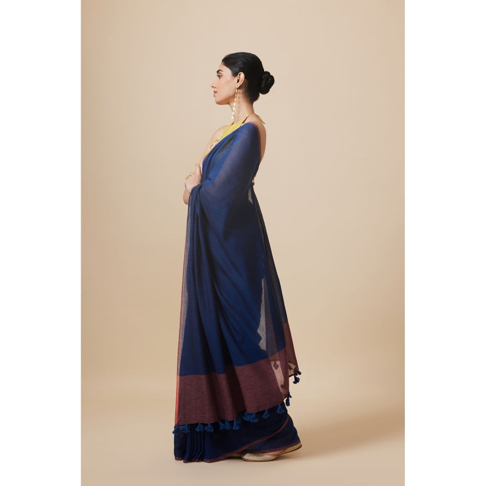 Dressfolk Handwoven Pure Cotton Navy Blue Saree With Unstitched Blouse