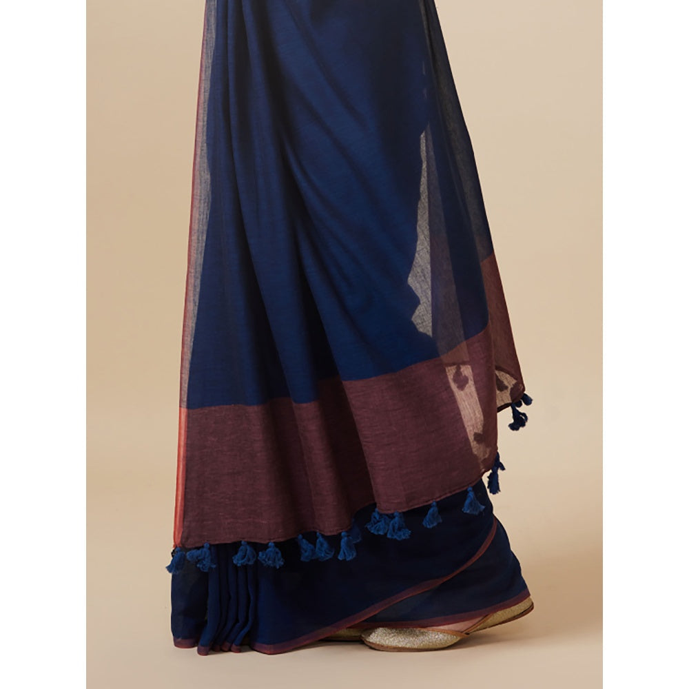 Dressfolk Handwoven Pure Cotton Navy Blue Saree With Unstitched Blouse