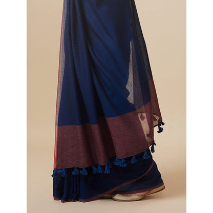Dressfolk Handwoven Pure Cotton Navy Blue Saree With Unstitched Blouse