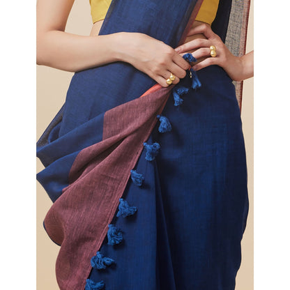 Dressfolk Handwoven Pure Cotton Navy Blue Saree With Unstitched Blouse