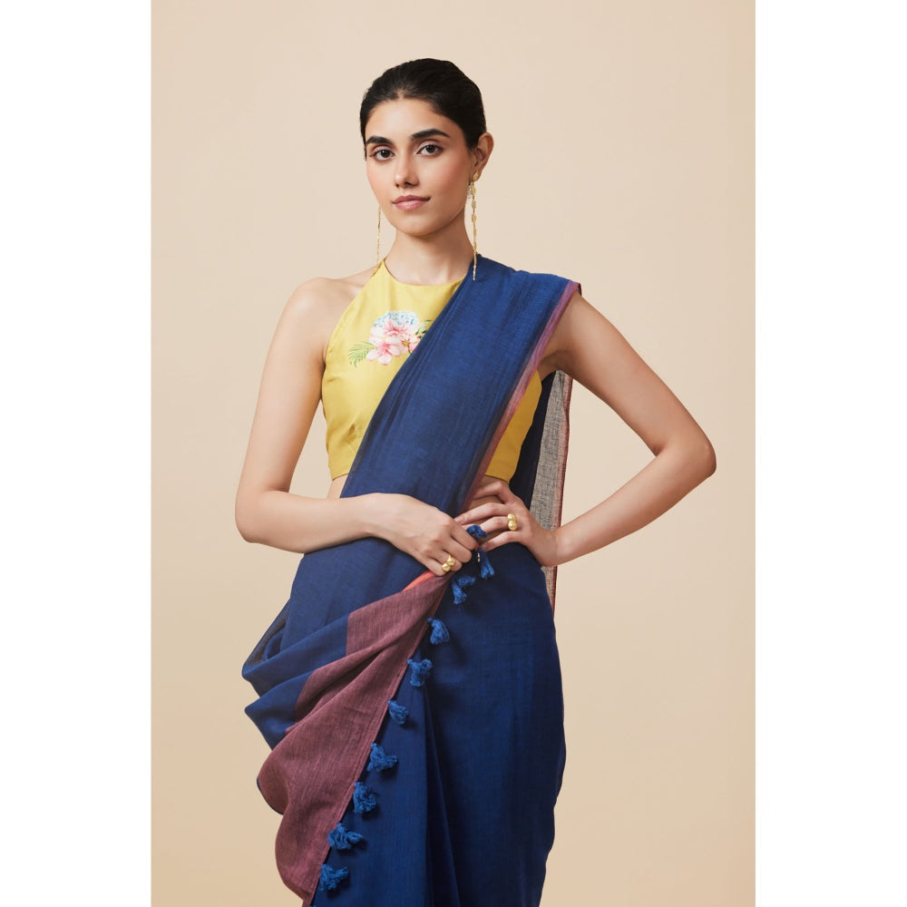Dressfolk Handwoven Pure Cotton Navy Blue Saree With Unstitched Blouse