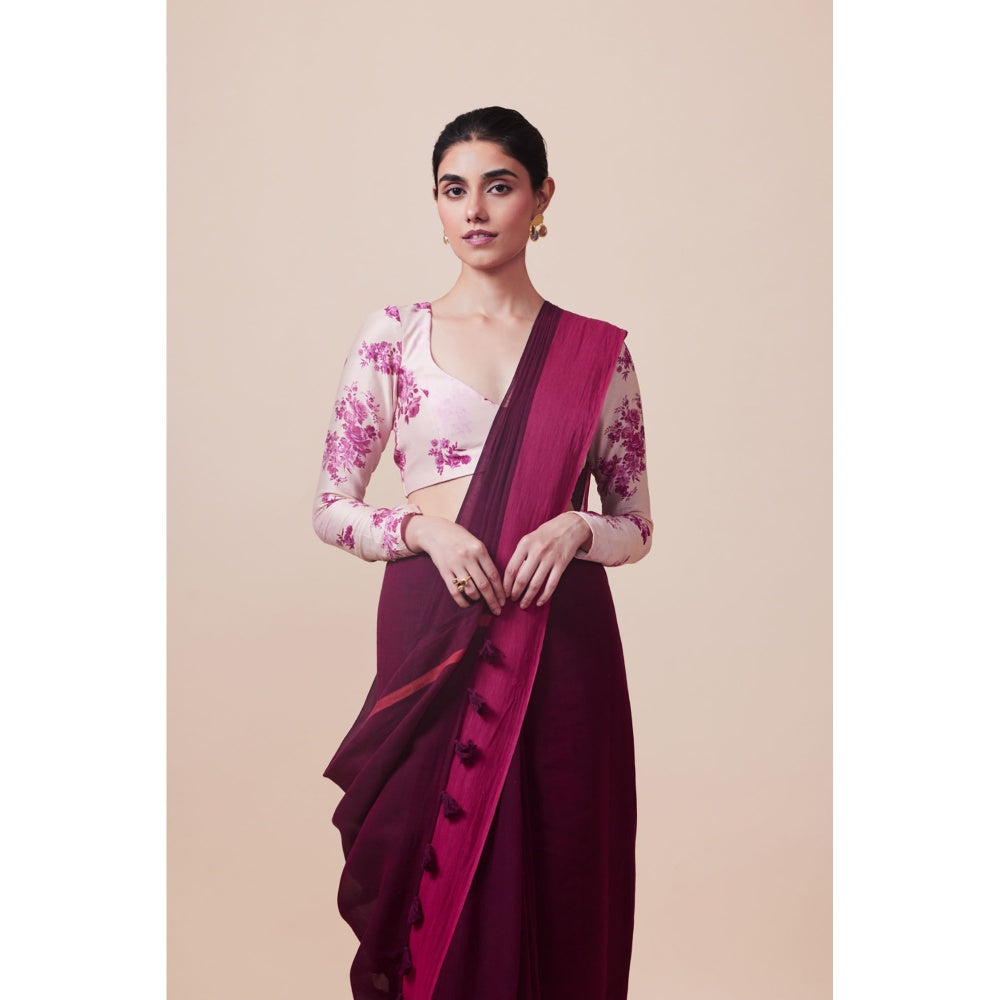 Dressfolk Handwoven Pure Cotton Purples Aree With Unstitched Blouse