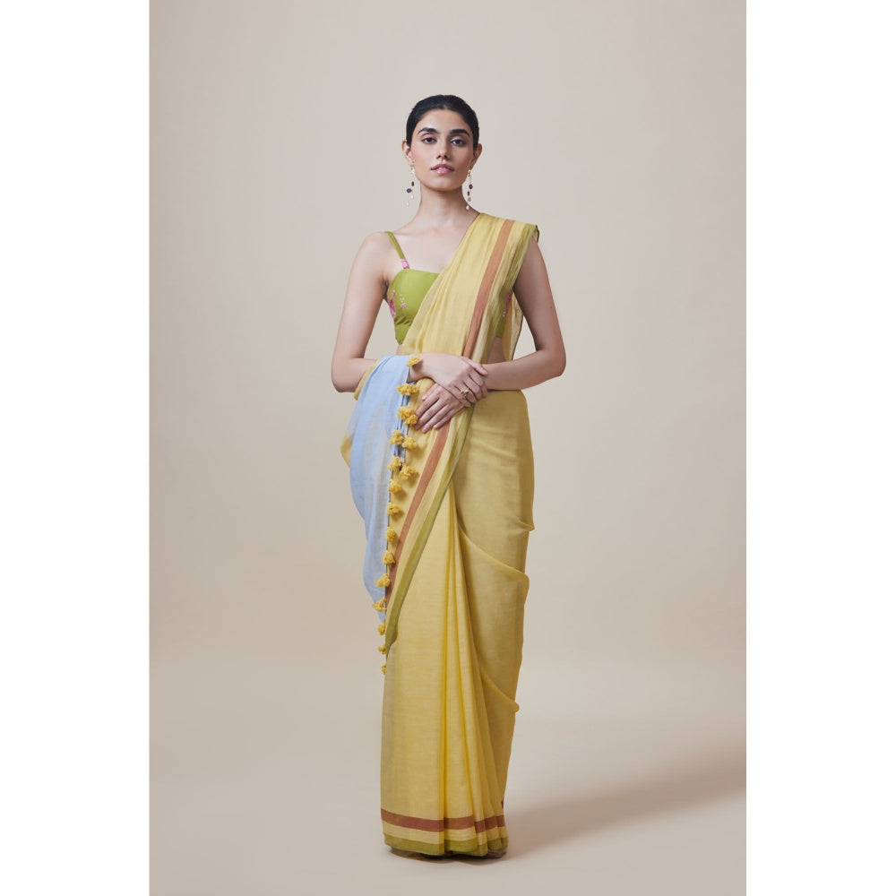 Dressfolk Handwoven Pure Cotton Yellow With Blue Border Saree With Unstitched Blouse