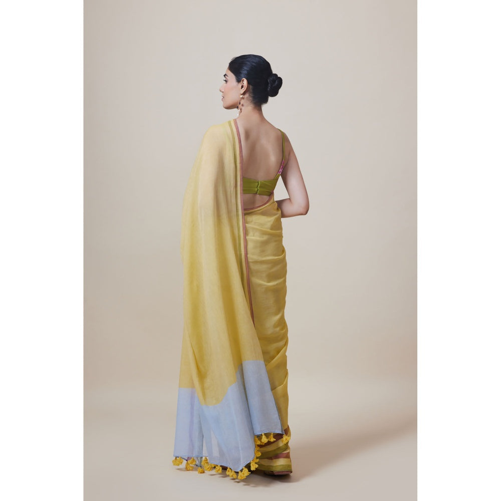 Dressfolk Handwoven Pure Cotton Yellow With Blue Border Saree With Unstitched Blouse