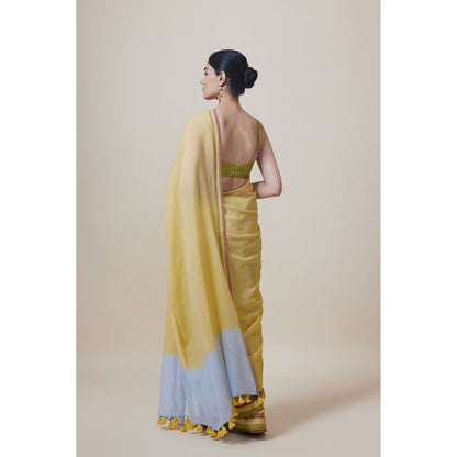 Dressfolk Handwoven Pure Cotton Yellow With Blue Border Saree With Unstitched Blouse