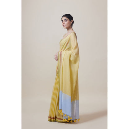Dressfolk Handwoven Pure Cotton Yellow With Blue Border Saree With Unstitched Blouse