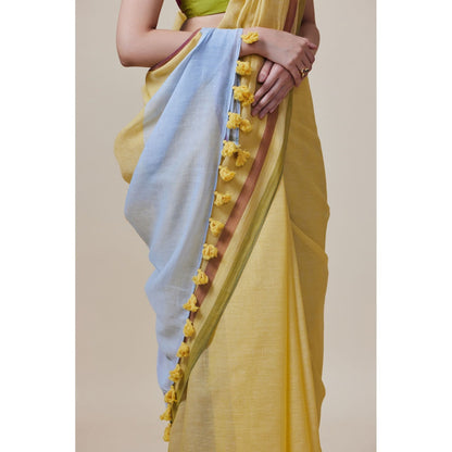 Dressfolk Handwoven Pure Cotton Yellow With Blue Border Saree With Unstitched Blouse