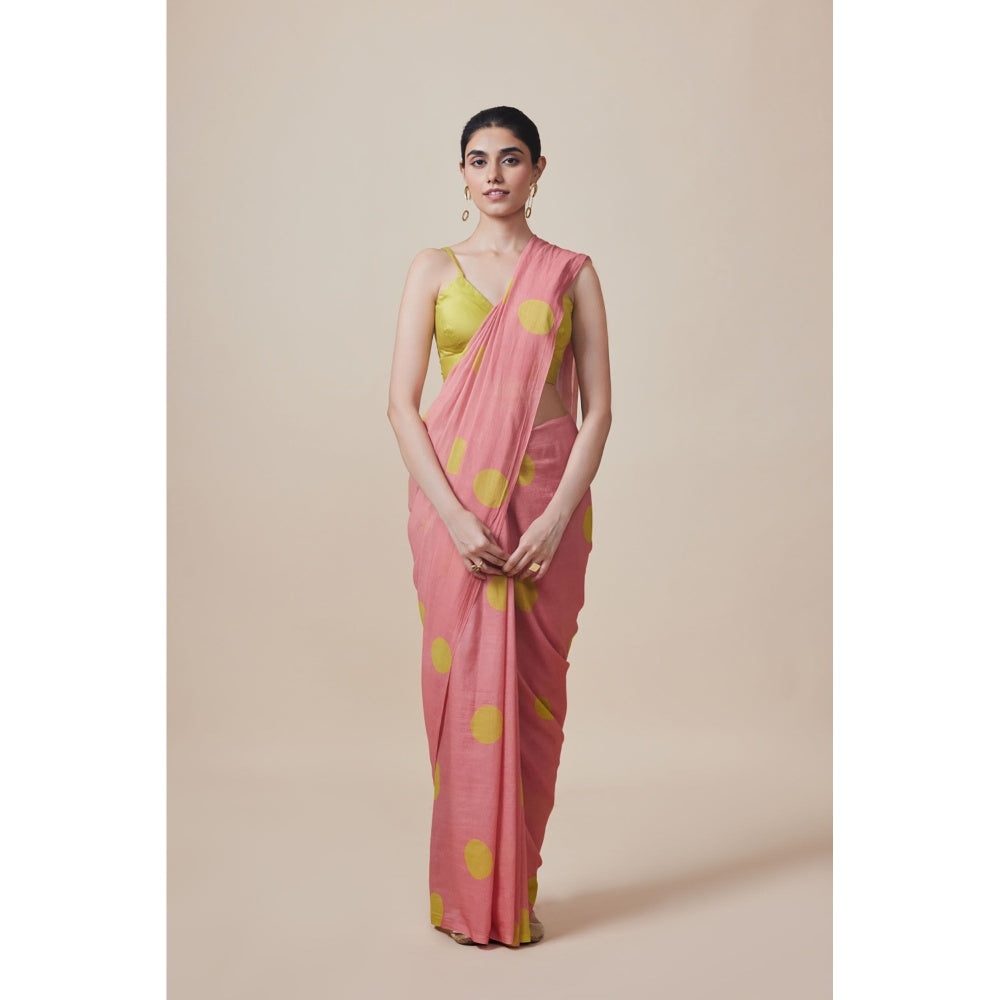 Dressfolk Handwoven Pure Cotton Peach Dot Print Saree With Unstitched Blouse