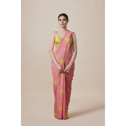 Dressfolk Handwoven Pure Cotton Peach Dot Print Saree With Unstitched Blouse