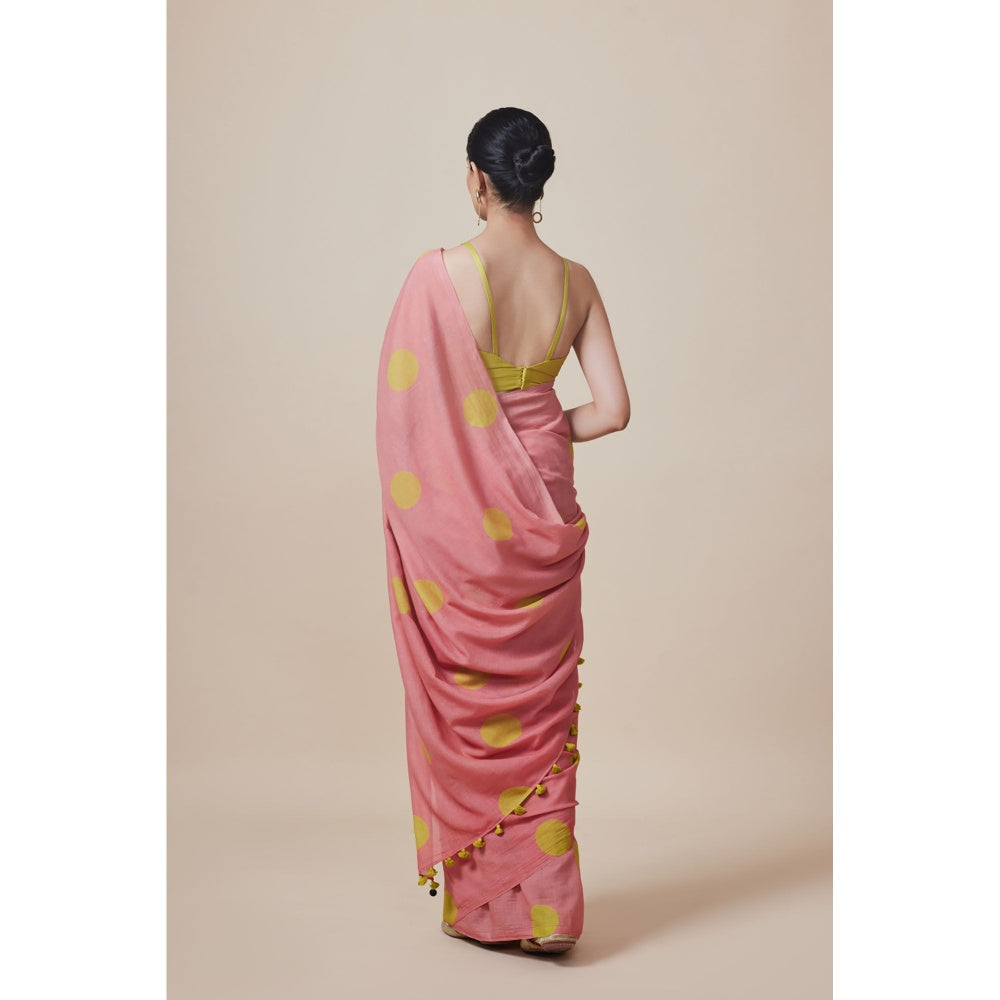Dressfolk Handwoven Pure Cotton Peach Dot Print Saree With Unstitched Blouse