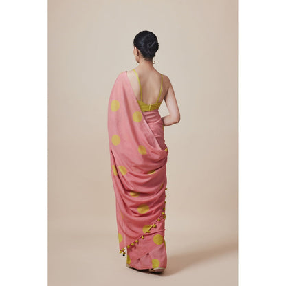 Dressfolk Handwoven Pure Cotton Peach Dot Print Saree With Unstitched Blouse