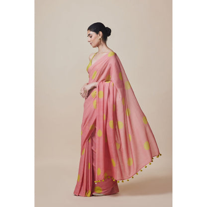 Dressfolk Handwoven Pure Cotton Peach Dot Print Saree With Unstitched Blouse