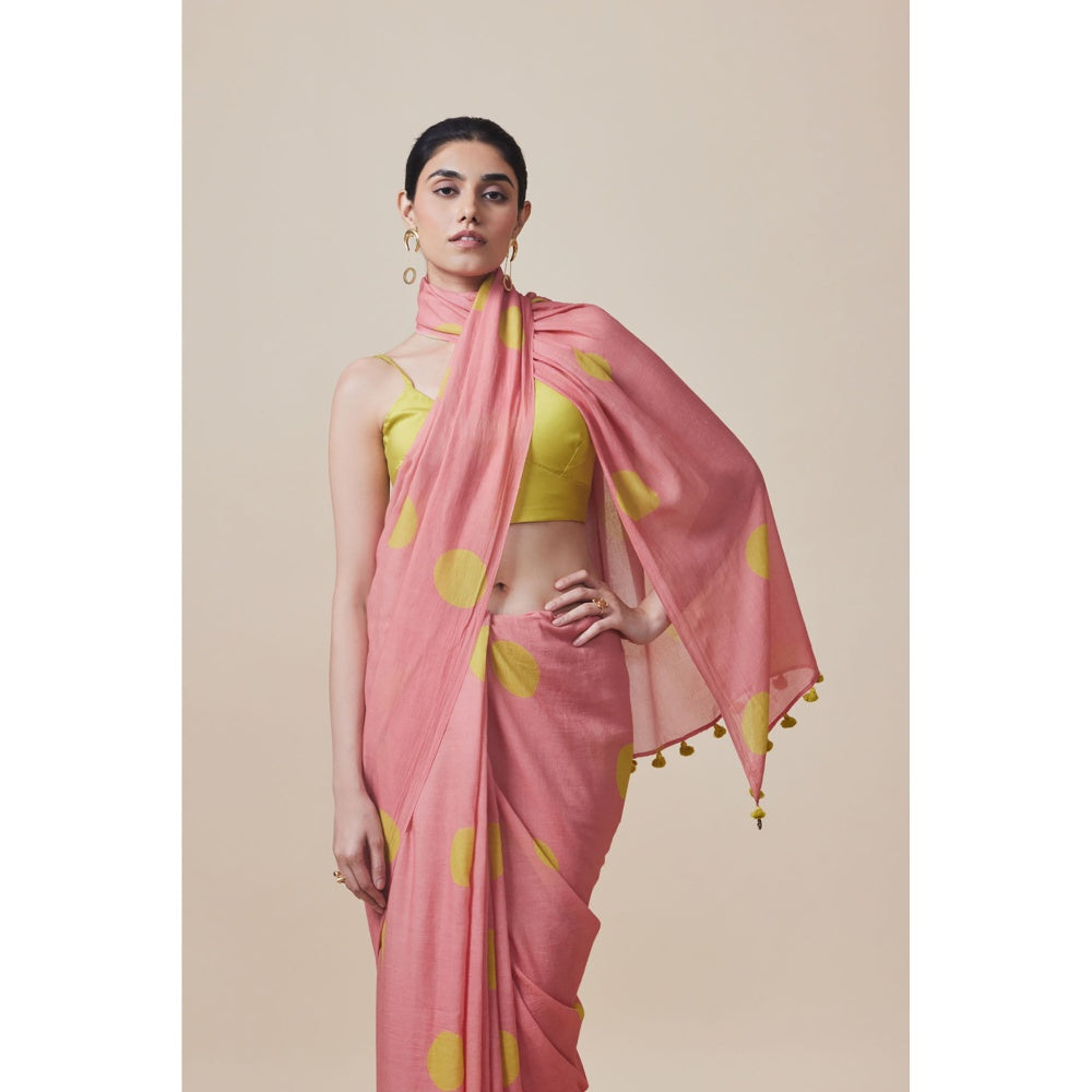 Dressfolk Handwoven Pure Cotton Peach Dot Print Saree With Unstitched Blouse