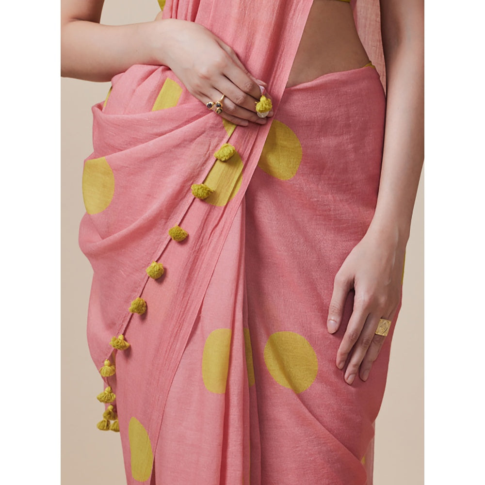 Dressfolk Handwoven Pure Cotton Peach Dot Print Saree With Unstitched Blouse