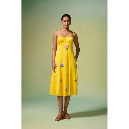 Dressfolk Yellow Chanderi Floral Print Midi Dress