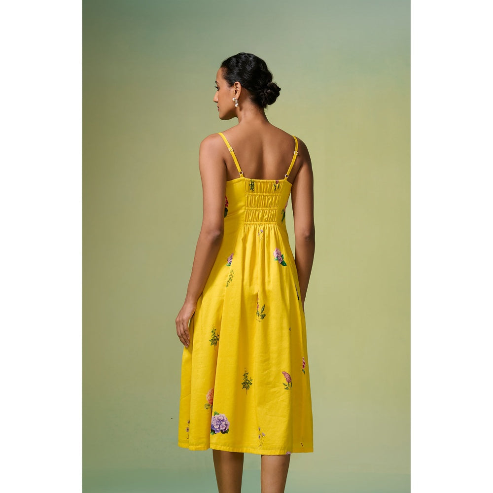 Dressfolk Yellow Chanderi Floral Print Midi Dress