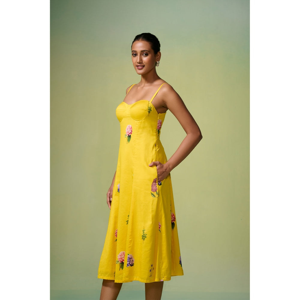 Dressfolk Yellow Chanderi Floral Print Midi Dress